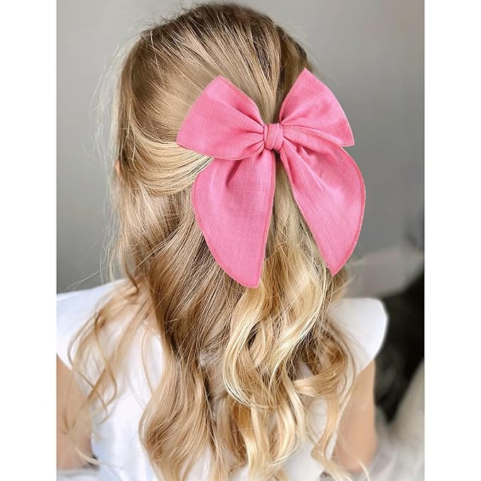 DEEKA 4 PCS Hot Pink Cotton Linen Hair Bows 3 Styles 5" & 4" Handmade Hair Bow set for Toddler Girls Alligator Hair Clips Knot Bows Hair Accessories for Little School Girls (Hot Pink)