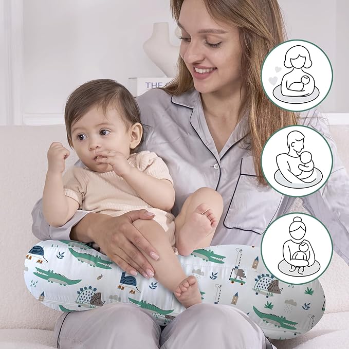 Little Grape Land Nursing Pillow,Upgraded Breast Feeding Pillow for Mom,Breastfeeding & Bottle Feeding for 0–14 Months, Soft Machine Washable Cover with Firm Breathable Filling, Tummy Time,Dinosaur