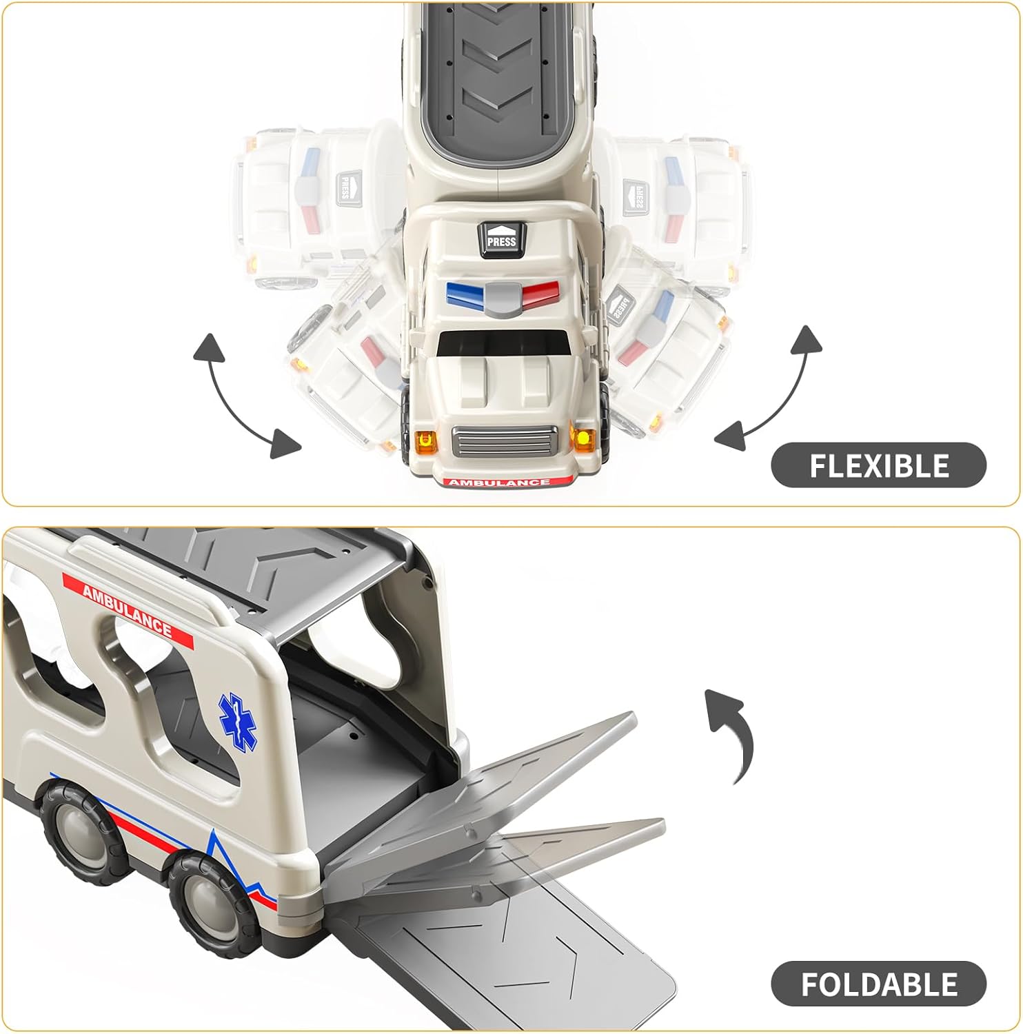 TEMI 5 Pack Ambulance Vehicle Toddler Truck Toys for 3 4 5 6 Year Old Boys, Friction Powered Cars with Toy Helicopter, Police Car, Fire Truck, Ambulance Car, Birthday Gifts for Girls Age 3-9