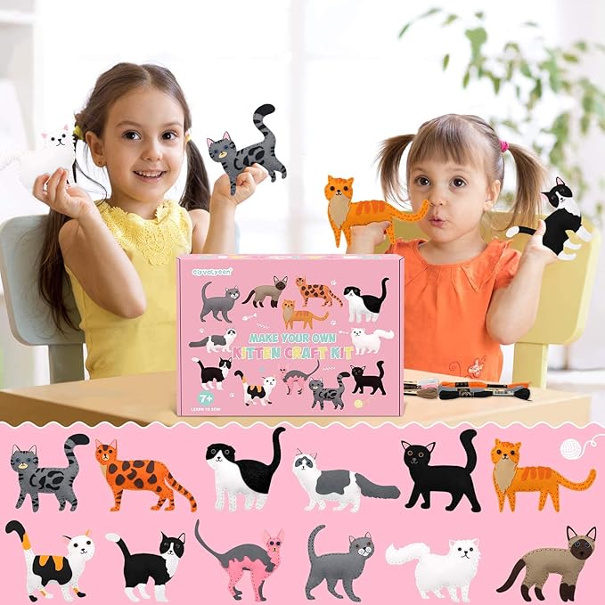 CiyvoLyeen Kitten Craft Kit Kids DIY Crafting and Sewing Set Kitty Cat Stuffed Animal Felt Plushies for Girls and Boys Educational Beginners Sewing Gift Ideas