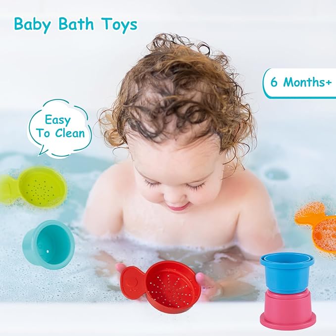 Bath Toys, 14 PCS | Safe & Educational Stacking Cups and Spoons with Numbers | Mold Free & Easy Grip Bath Toys for Baby and Toddler | Bathtub Water Toys with Early Learning Color & Shape Recognition