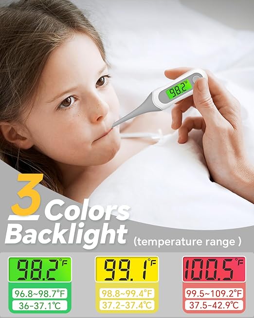 Digital Thermometer for Adults and Kids, 8s Fast Reading Baby Oral Thermometer with 3 Colors Backlit, °C/°F Switchable, Fever Alarm, Medical Basal Thermometer for Oral, Rectal, Underarm