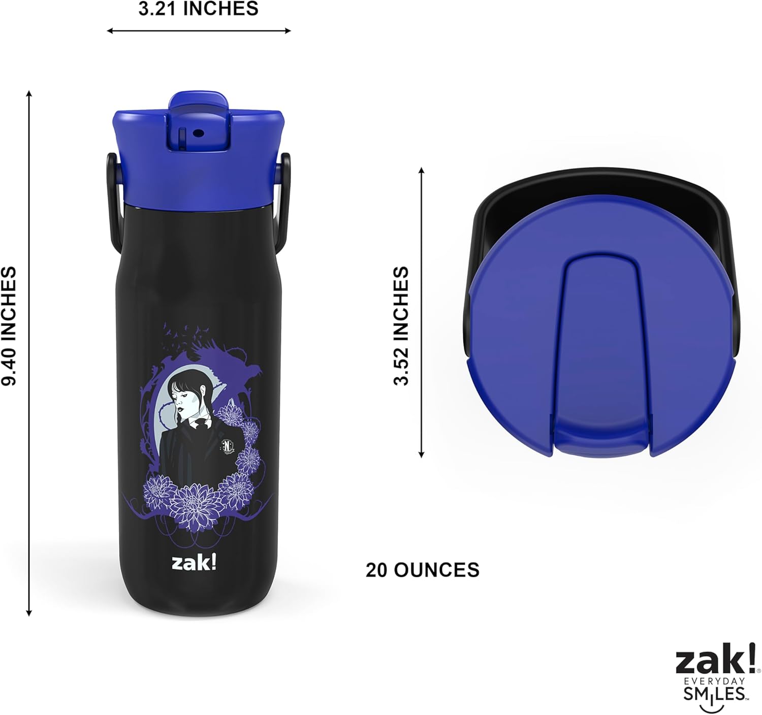 Zak Designs Harmony Wednesday Water Bottle for Travel or At Home, 20oz Recycled Stainless Steel is Leak-Proof When Closed and Vacuum Insulated with Straw Lid and Carry Handle (Wednesday Addams)