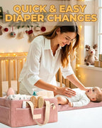 Baby Diaper Caddy Organizer with Portable Changing Mat - Teddy Fleece Diaper Organizer for Changing Table - Basket for Changing Essentials - Baby Essentials Organizer with Removable Dividers
