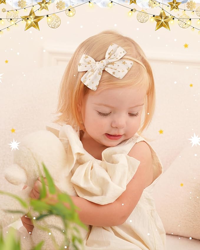 doboi 6PCS Christmas Baby Girls Headbands Hair Bows Star Nylon Cotton Linen Hairbands Fine Handmade Hair Accessories for Newborn Infant Toddlers Little Girls