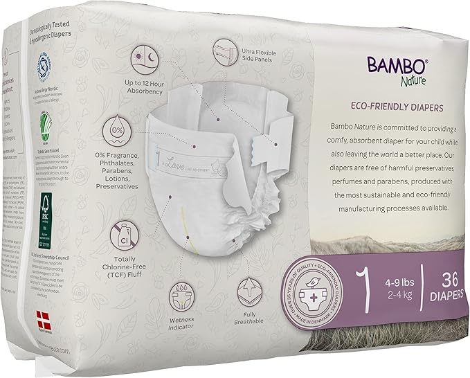 Bambo Nature Hypoallergenic Dream Baby Diapers, Premium Eco-Labeled Sustainable Diapers, Enhanced Leakage Protection, Totally Chlorine-free, Skin Friendly, and Super Absorbent - Size 1 (108 Count)
