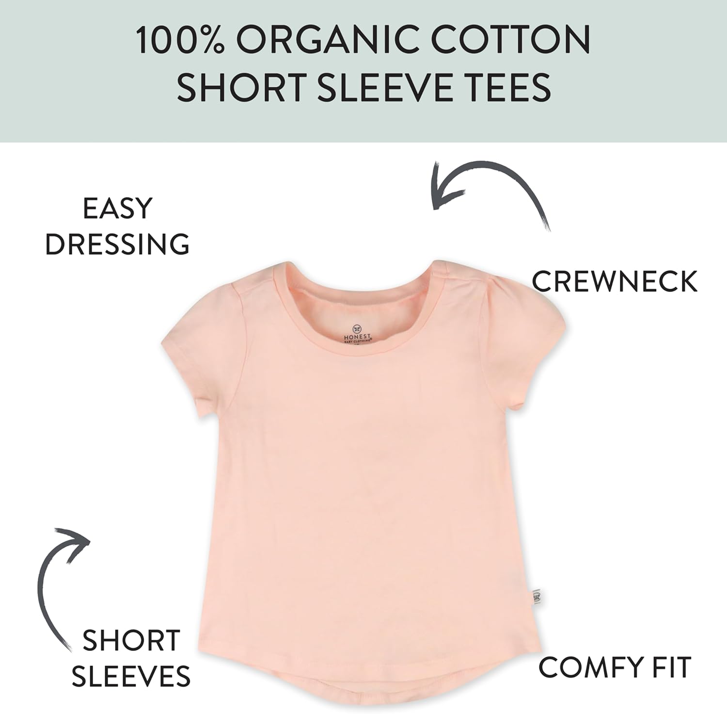 HonestBaby 5-Pack Short Sleeve T-Shirts 100% Organic Cotton Baby, Toddler, Little Kid, Boy, Girl, Unisex