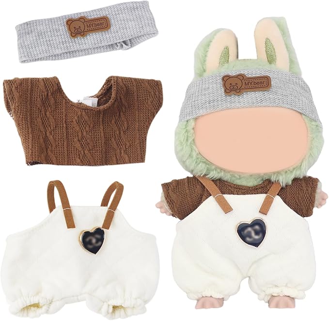 3 Pcs 17cm Doll Outfits – Sporty Style Mini Doll Clothes Included Bear Hairband, Brown T-Shirt & White Bib Pants Accessories Set Fits 15cm Dolls (No Dolls)