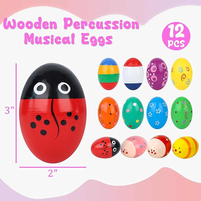 POPLAY 12PCS Wooden Percussion Musical Eggs Maracas Egg Shakers for Party Favors Classroom Prize Supplies Musical Instrument