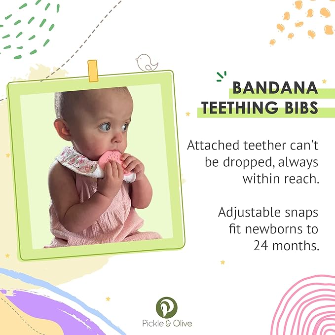 Pickle & Olive Baby Bandana Teething Bibs with Attached Teether- Set of 4 - Floral