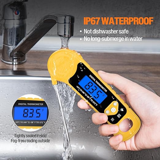 Meat Thermometer Digital, Instant Read Food Thermometer Waterproof with Backlight for Cooking, Deep Fry, BBQ, Grill, Smoker and Roast (Yellow)