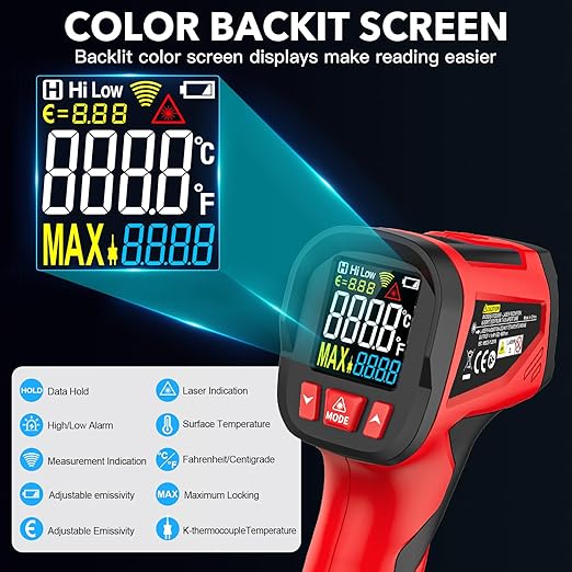 Infrared Thermometer Gun - TEMIRUP Non-Contact Digital Laser Temperature Gun with Color LCD Display for Cooking, Griddle, Engine, HVAC, IR Temp Gun with Adjustable Emissivity,-40℉~1202℉(-40℃~650℃)