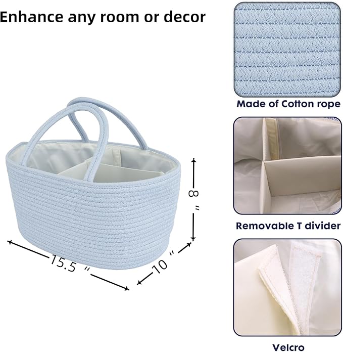 Diaper Caddy Organizer Cotton Rope Baby Basket Nursery Storage and Portable Tote Bag for Car Ideal Baby Shower Gifts and Registry Must-Have for Newborn Essentials Large blue