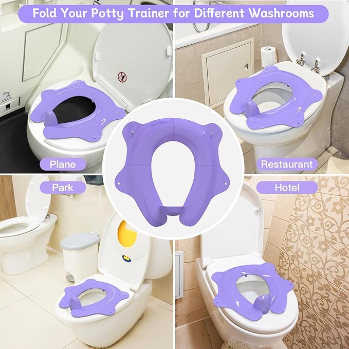 SKYROKU Foldable Kids Toilet Seat – Portable & Anti-Slip Travel Potty Training Seat for Toddlers, DIY Stickers, Storage Bag, Easy Clean & Compact for Home, Daycare, Grandparents House (Ages 2-6)