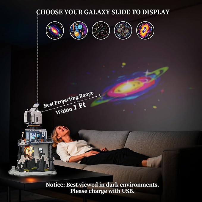 Alpine Observatory Lighting Building-Bricks Set with The Galaxy Projector, 2437 Pcs Space Themed Room Decor for Astronomy and Space Lovers