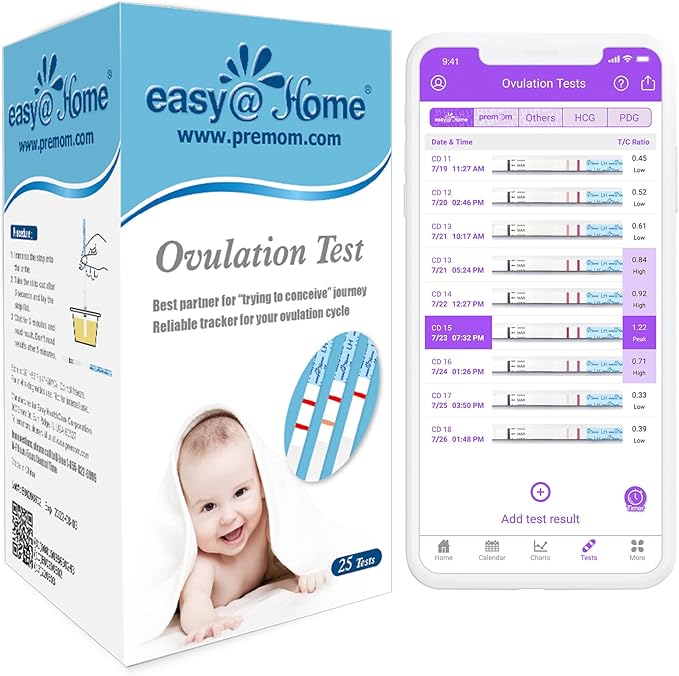 Easy@Home Ovulation Test Strips, 25 Pack Fertility Tests, Ovulation Predictor Kit, Powered by Premom Ovulation Predictor iOS and Android App, 25 LH Strips
