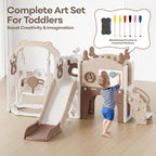 Mloong 12 in 1 Toddler Slide and Swing Set, Kids Slide for Toddlers 1-3 Years Old Baby, Indoor Outdoor with Basketball Hoop Drawing Golf for Kids Easy Assembly(Beige & Rosy Brown)(82×67×41in)