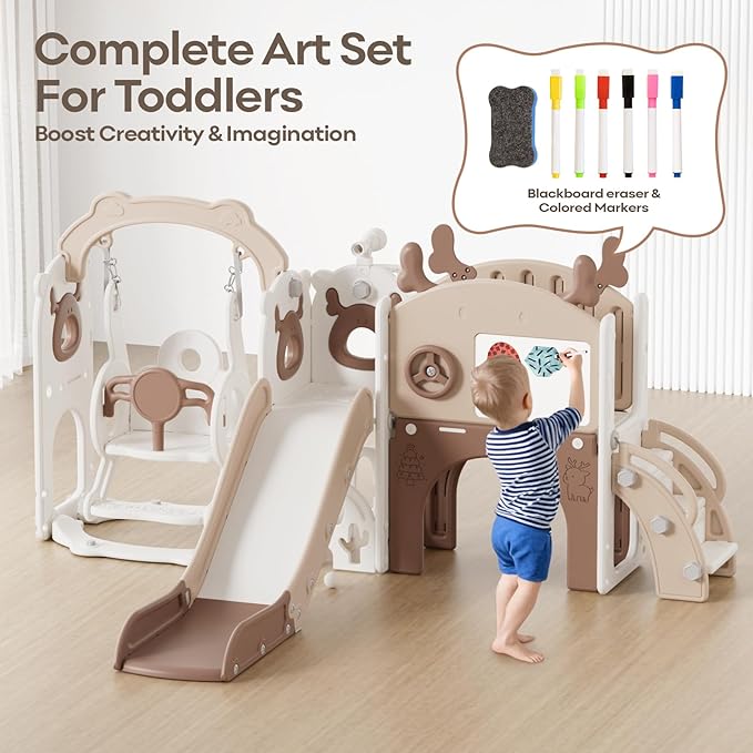 Mloong 12 in 1 Toddler Slide and Swing Set, Kids Slide for Toddlers 1-3 Years Old Baby, Indoor Outdoor with Basketball Hoop Drawing Golf for Kids Easy Assembly(Beige & Rosy Brown)(82×67×41in)