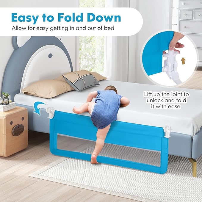 HONEY JOY Bed Rail for Toddlers, 59-in Extra Long, Portable Safety Bed Guardrail w/Double Safety Child Lock, Foldable Baby Bed Rail Guard, Fit King & Queen Full Twin Size Bed Mattress (1 Pack, Blue)