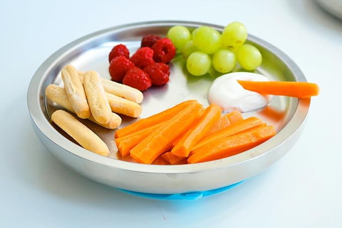 Avanchy Open Baby Plates with Suction – Stainless Steel Divided Plates for Toddlers, BPA-Free, Dishwasher Safe, Unbreakable, Non-Toxic, 100% Silicone Suction – Yellow