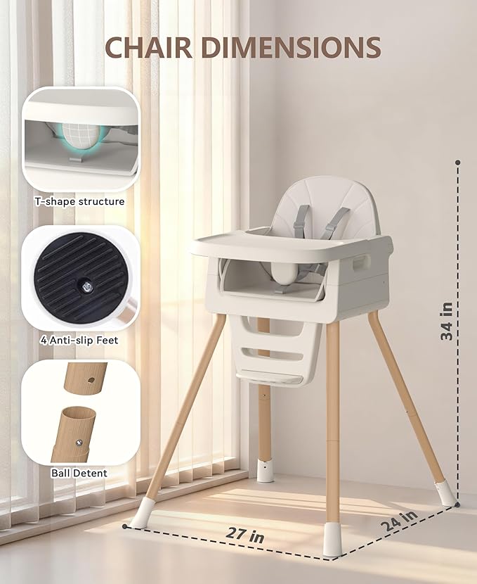 Baby High Chair for 6 Months+, Foldable High Chairs for Babies and Toddlers, Convertible Toddler Chair, Adjustable Tray & Footrest, Lightweight, Stable & Easy to Clean(White with Wood Grain)