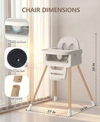 Baby High Chair for 6 Months+, Foldable High Chairs for Babies and Toddlers, Convertible Toddler Chair, Adjustable Tray & Footrest, Lightweight, Stable & Easy to Clean(White with Wood Grain)