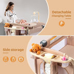 JOYMOR 9 in 1 Bedside Bassinet with Changing Table, Pack and Play with Bassinet, Convert to Rocking Baby Bed with Electric Music Center, Mosquito Net, Storage, Beige