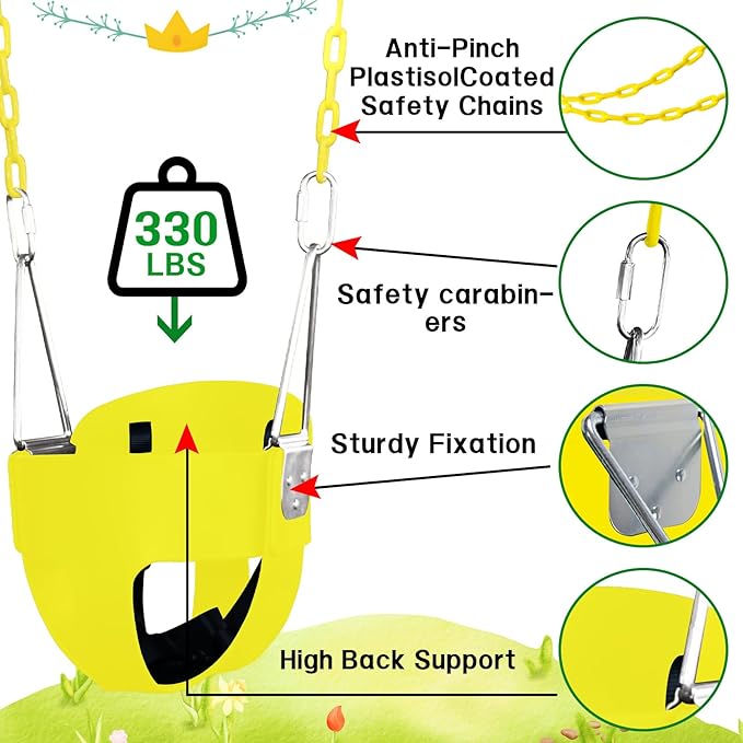 High Back Full Bucket Toddler Swing Seat with 3- Point Adjustable Safety Harness, 66 inch Detachable Chain,Suitable for Babies Aged 6-24 Months，Baby Swing for Swingset (Yellow)