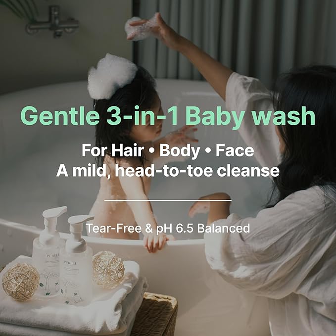 PURELU 3-in-1 Tear-Free Baby Shampoo Body Wash Face Cleanser, Baby Soap for Sensitive Skin, Vegan Body Wash, Hypoallergenic Fragrance Free (12.5 Fl Oz / 370ml)