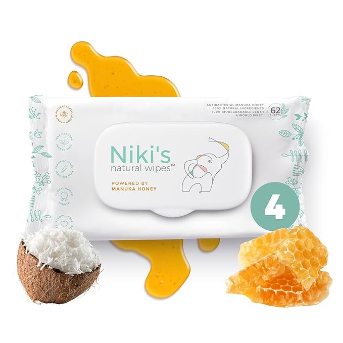 Niki's Natural Baby Wipes | Sensitive Organic Baby Wipes | Made with Manuka Honey and Coconut Oil, No Added Scents | EWG Verified | 248 Wipes (4 Pack x 62 Count Wipes)