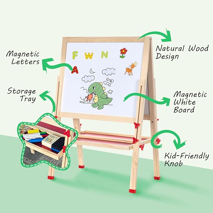 Foldable Kids Painting Easel Double Sided Chalkboard & Magnetic Whiteboard Wooden Art Easel Adjustable Height with Accessories Gift for Toddlers and Kids Ages 3-8