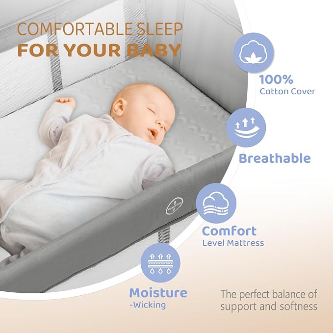 JOYMOR 7 in 1 Bedside Bassinet with Changing Table, All in One Nursery Center, Bedside Sleeper with Mattress, Sheet, Canopy, Storage Shelf,Gray