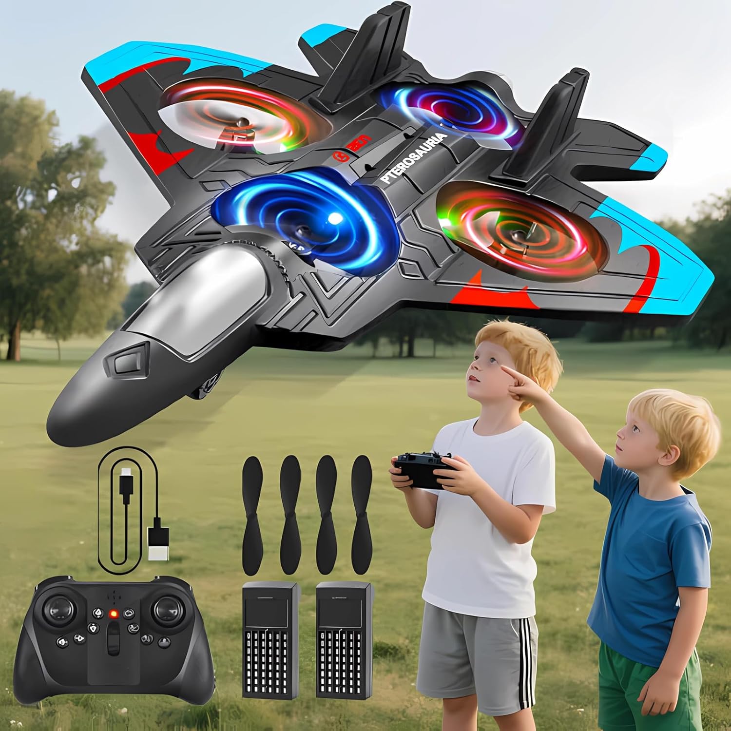 V32 Foam Remote Control Airplanes, 2.4Ghz 4CH RC Planes for Kids, RC Fighter Jet Toys with LED Light, 360° Flip, Auto Hover, Easy to Fly Remote Control Aircraft Toy Gift for Kids and Beginner