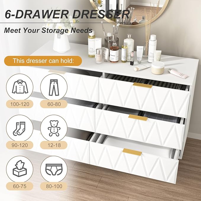White Dresser for Bedroom,Modern 6 Drawer Dresser with Gold Handle and Leg,Wide Storage Chest of Drawers,Wood Dresser Bedroom Furniture,TV Dresser for Living Room