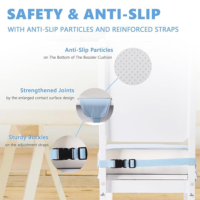 Booster Seat for Kitchen Chair with Adjustable Straps, Toddler Booster Seats for Dining Table Portable for Travel Camping Eating, Booster Cushion for Table for Baby Child Infant Kid Boy Girl