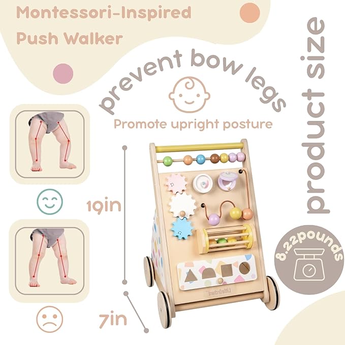 Wooden Baby Walker, Baby Push Walker Baby Walkers for Boys, Montessori Toys & Activity Center for Baby Adjustable Speed Baby Walker with Wheels, Walking Assistance for Baby Girls