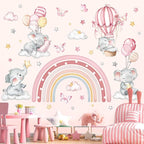 decalmile Pink Rainbow Elephant Wall Stickers Hot Air Balloon Animals Clouds Stars Wall Decals Baby Nursery Kids Bedroom Daycare Wall Decor