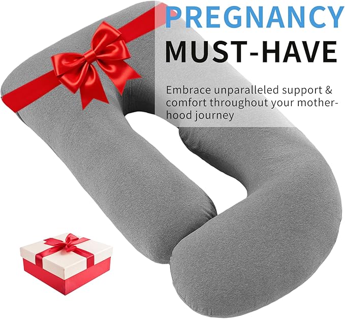 U-Shaped Pregnancy Pillow for Sleeping, Full Body Support for Back, HIPS & Belly -65 Inch Maternity Pillow with Machine Washable Cover | Maternity Essential (Jersey Knit Cotton Gray- 65inch)