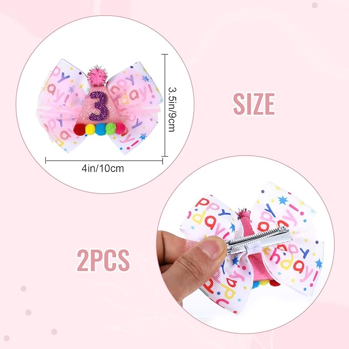 Birthday Hair Bow for Baby Girls 1 2 3 4 5 6 Year Old Sprinkle Hair Clips Happy Birthday Decorations for Girls Toddlers With Pom-Poms Ice Cream Candy Party Pink Hair Accessories for 3rd Sweet Party