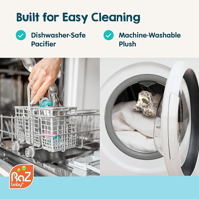 RaZbaby JollyPop Pacifier, Holder w/Detachable Baby Pacifier, Stuffed Animal RaZbuddy, All Ages 0M+, 100% Medical Grade USA Made Silicone, Machine Washable, Textured & Easy to Hold – Pig