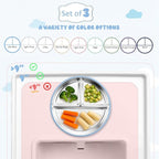 Stainless Steel Suction Plates for Toddlers, 9" Divided Kids Baby Plates with Removable Silicone Suction, Non Toxic Non Slip Portion Control Snack Dishes 3 Packs, Blue Gray Sage