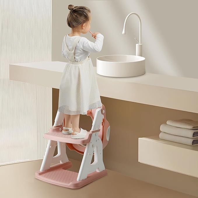 PandaEar Potty Training Seat with Step Stool Ladder, Toddler Toilet Seat for Kids Boys Girls, Comfortable Safe Potty Seat with Anti-Slip Pads Ladder & Bear Design -Pink