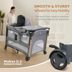 JOYMOR 7 in 1 Bedside Bassinet with Changing Table, All in One Nursery Center, Bedside Sleeper with Mattress, Sheet, Canopy, Storage Shelf,Gray