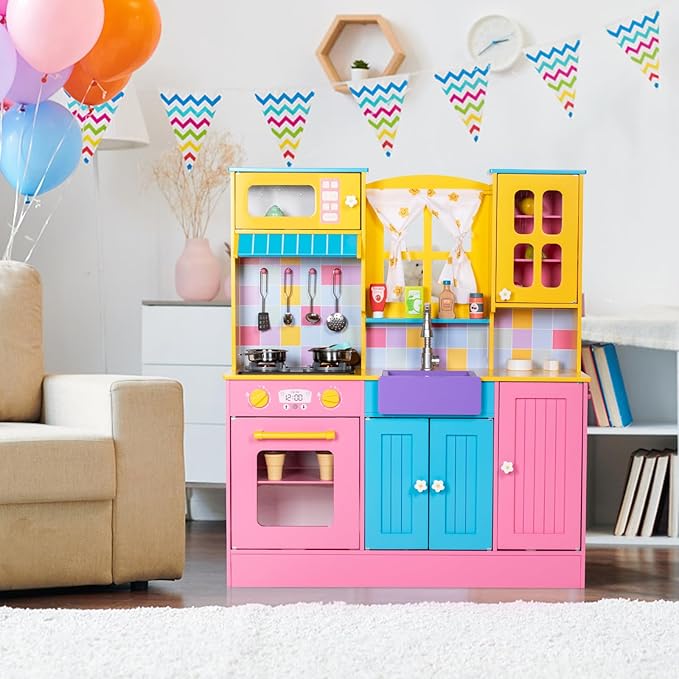 Kids Kitchen Playset, Wooden Pretend Play Kitchen for Kids w/Faucet, Sink, Stove, Oven, Curtains, Cookware, Storage Cabinets, Toddler Role Play Toy Kitchen Set Gift for Girls Boys Ages 3+