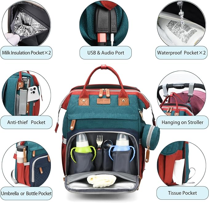 Diaper Bag Backpack, Multifunction Waterproof Diaper Bag for Baby, with Diaper Changing Station, Newborn Essentials Must Haves, Baby Portable Bag, Unisex, RGB