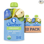 Gerber Stage 2 Baby Food, Organic Pear Spinach Puree Pouch, 2 Servings of Fruit and Veggie, No Added Sweetener, No Artificial Colors or Flavors, 12-Pack