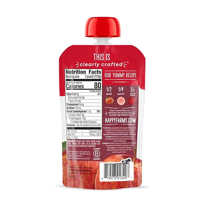 Happy Baby Organics Stage 2 Baby Food Pouches, Gluten Free, Vegan & Healthy Snack, Clearly Crafted Fruit & Veggie Puree, Apples, Guavas & Beets, 4 Ounces (Pack of 16)
