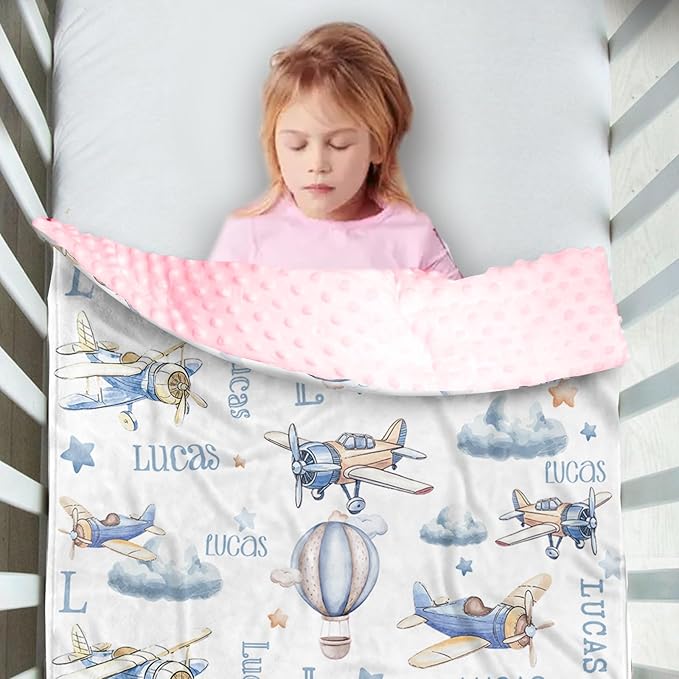 Personalized Infant Swaddle Blanket – Soft Flannel with Double-Layer Dotted Backing – Aircraft and Hot Balloon Design