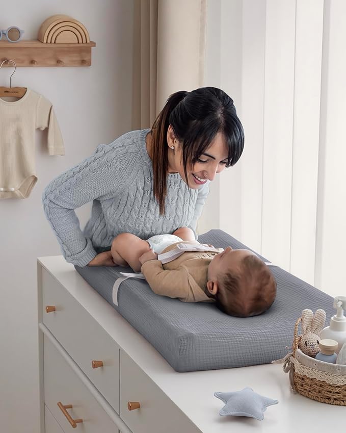 Blissful Diary Muslin Changing Pad Cover for Girls Boys, Ultra Soft Breathable Cotton, Baby Diaper Change Table Pad Covers, 2Pack (Light Blue&Grey)