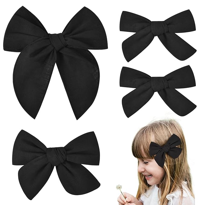 DEEKA 4 PCS Black Cotton Linen Hair Bows 3 Styles 5" & 4" Handmade Hair Bow set for Toddler Girls Alligator Hair Clips Knot Bows Hair Accessories for Little School Girls (Black)